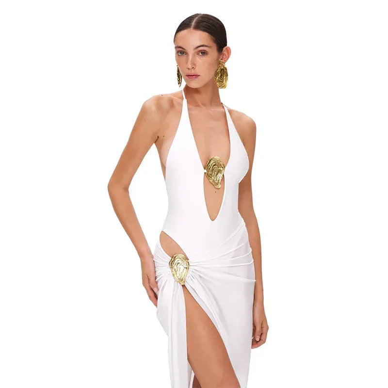 One-piece swimsuit set with deep V-neck backless design and skirt, white or black nylon spandex blend, sizes S M L