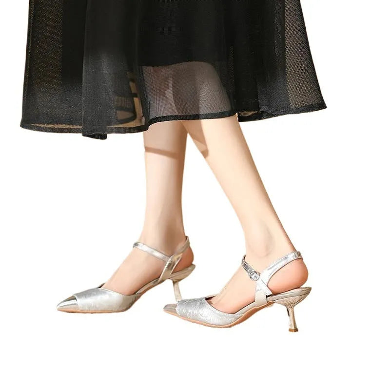 Women's genuine leather high-heeled sandals with pointed toe and 6CM heel