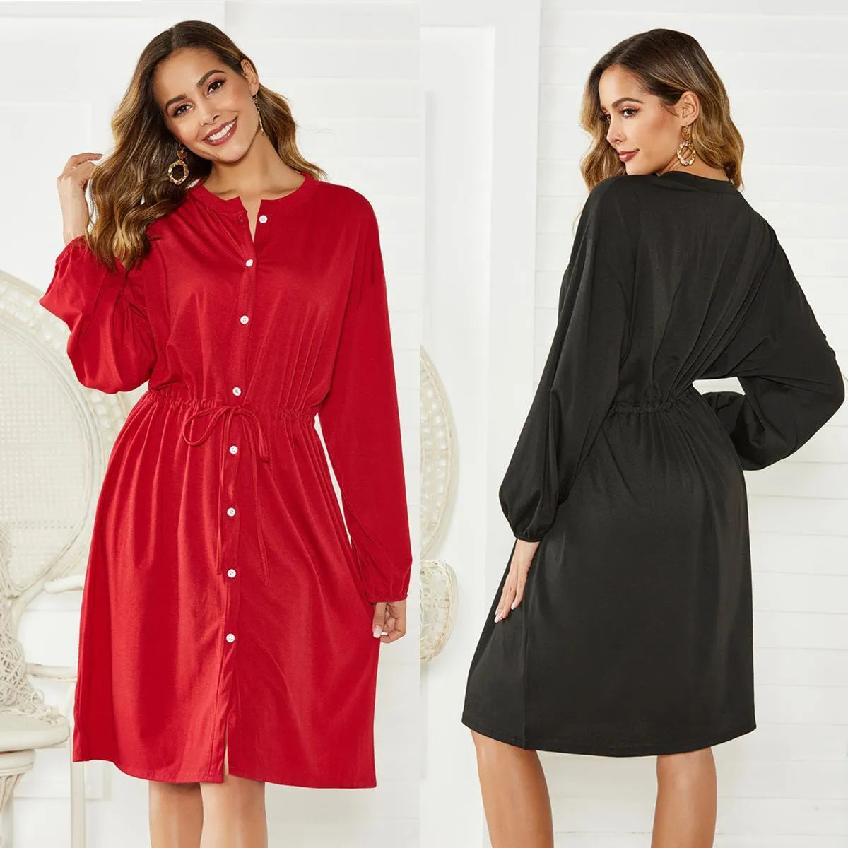 Black mid-length A-line women's dress with elastic cuffs and a cinched waist belt