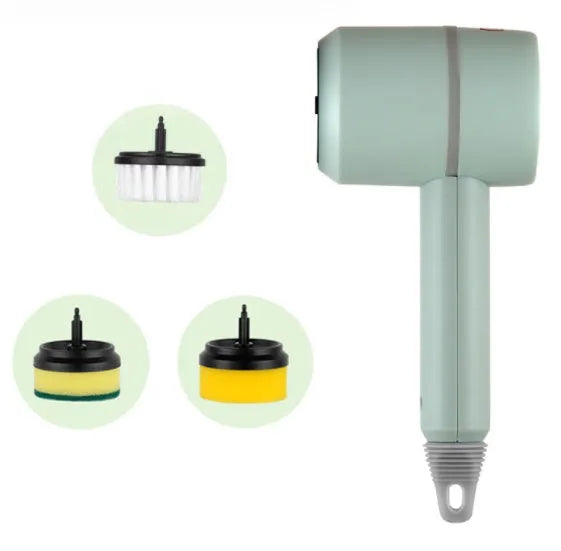 Green electric cleaning brush with three interchangeable scouring pad, brush, and sponge heads on a white background.