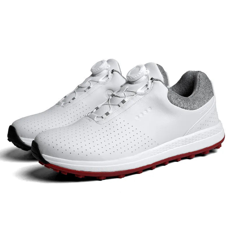Men's white and black golf shoes with broken nail pattern soles and breathable design