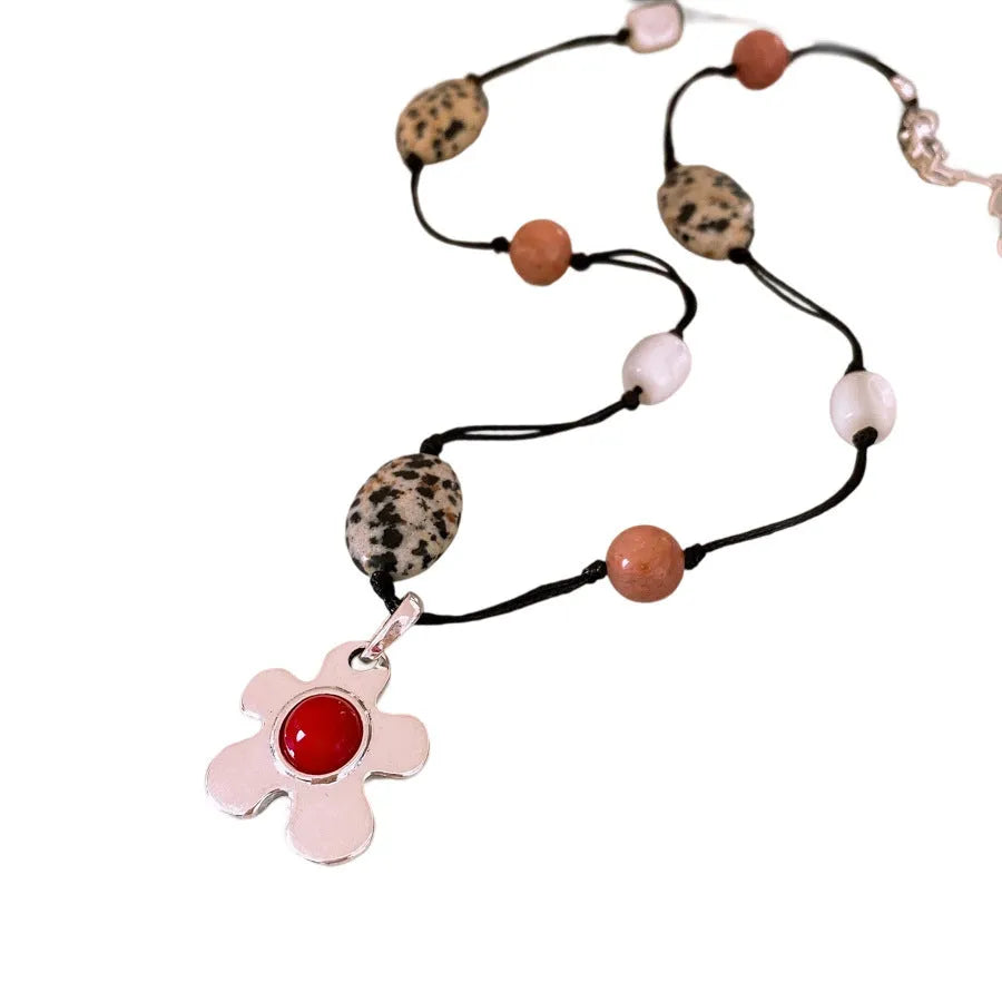 Stone shell beaded flower pendant necklace on adjustable chain with ethnic style design