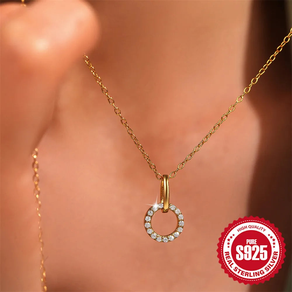 S925 sterling silver adjustable clavicle chain necklace with geometric zircon pendant in gold colour