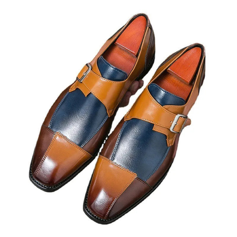Men's brown blue and black retro buckle casual leather shoes with tall crown design