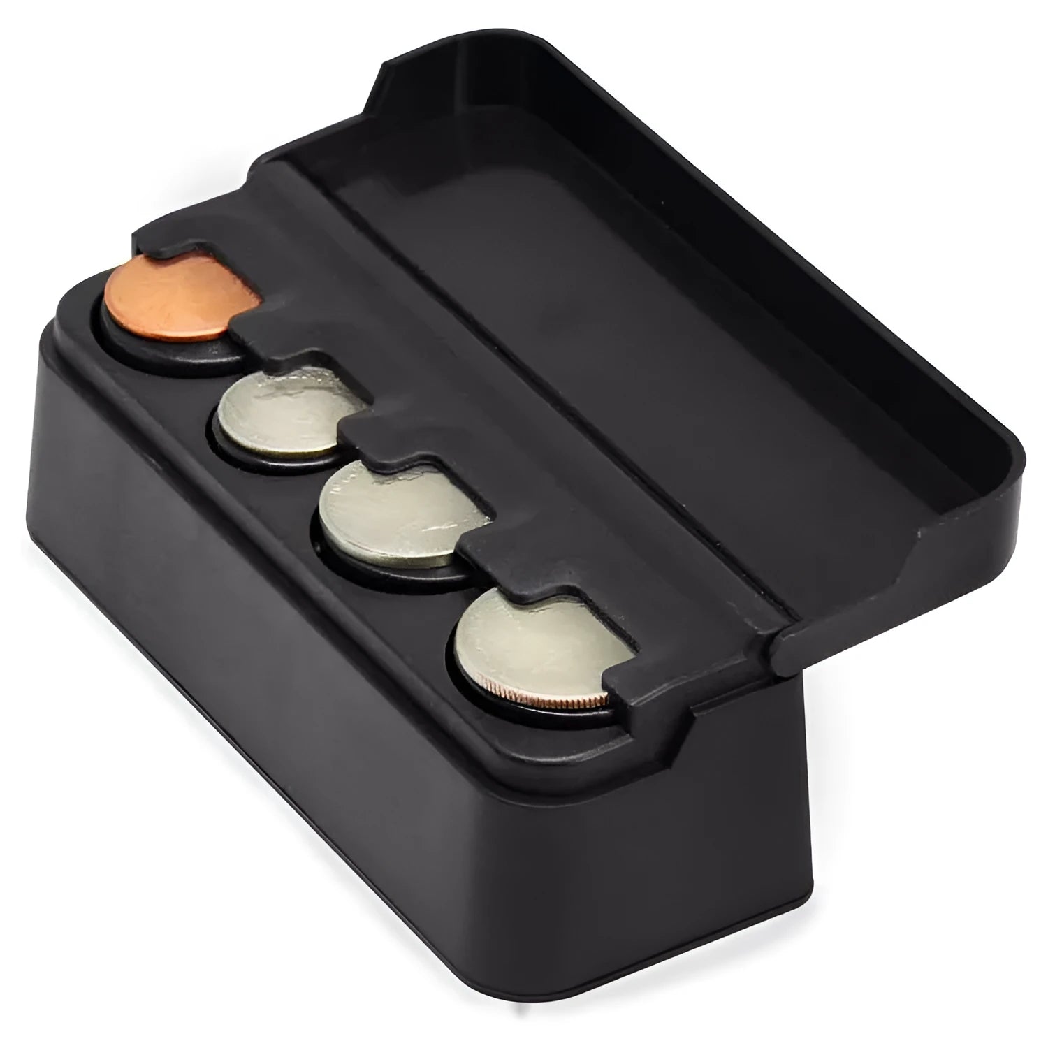 Black plastic car coin box 4.2x3.6x11.5cm with solid colour finish