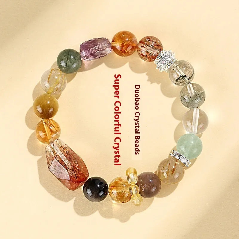 Adjustable black and gold crystal bead bracelet with natural multi-coloured stones on gold-finished settings