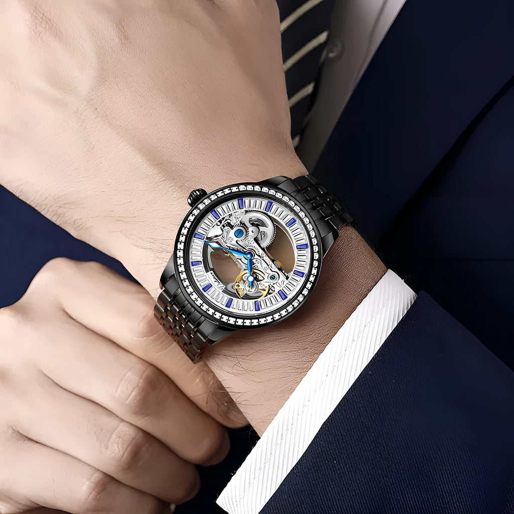 Men's rose gold zircon dial mechanical watch with leather strap and transparent case back.