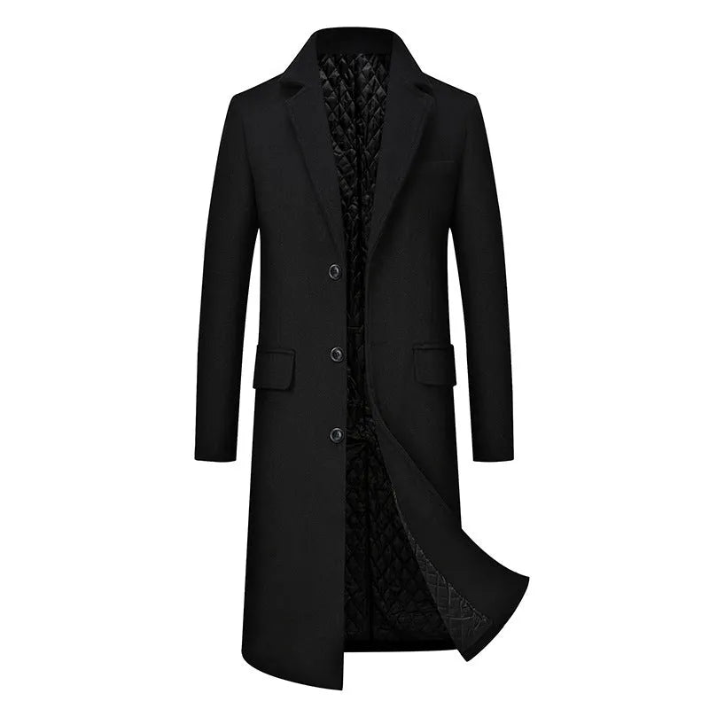 Men's plus size long coat with lapel collar in black, loose fit polyester outerwear
