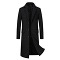 Men's plus size long coat with lapel collar in black, loose fit polyester outerwear