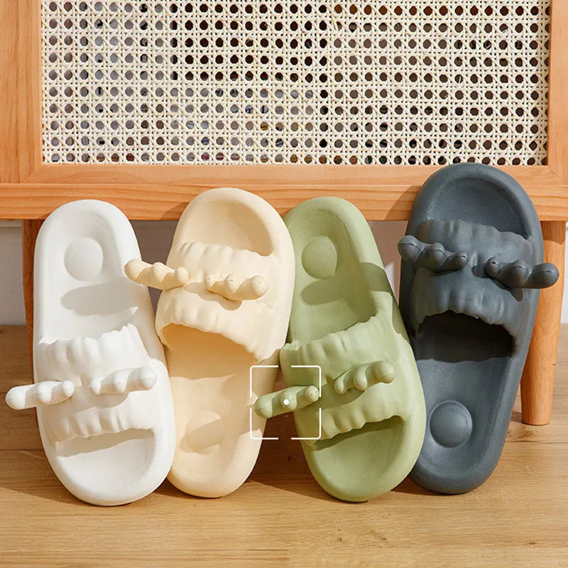 Women's hollow-out flip-flop slippers in light yellow with a textured non-slip EVA sole.