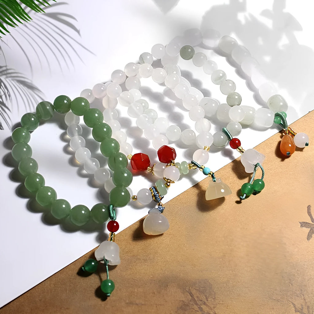 Hand-woven Agate lotus seedpod bracelet with Tian Shan Cui beads in geometric pattern