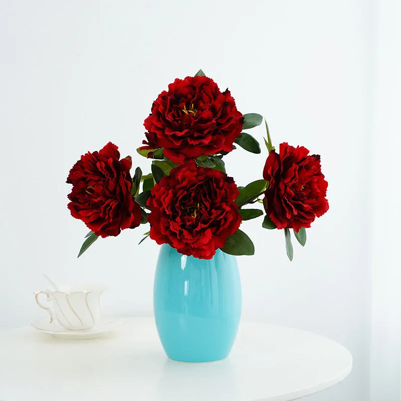 Artificial peony 5-head bouquet in light champagne, 40cm tall silk flower arrangement