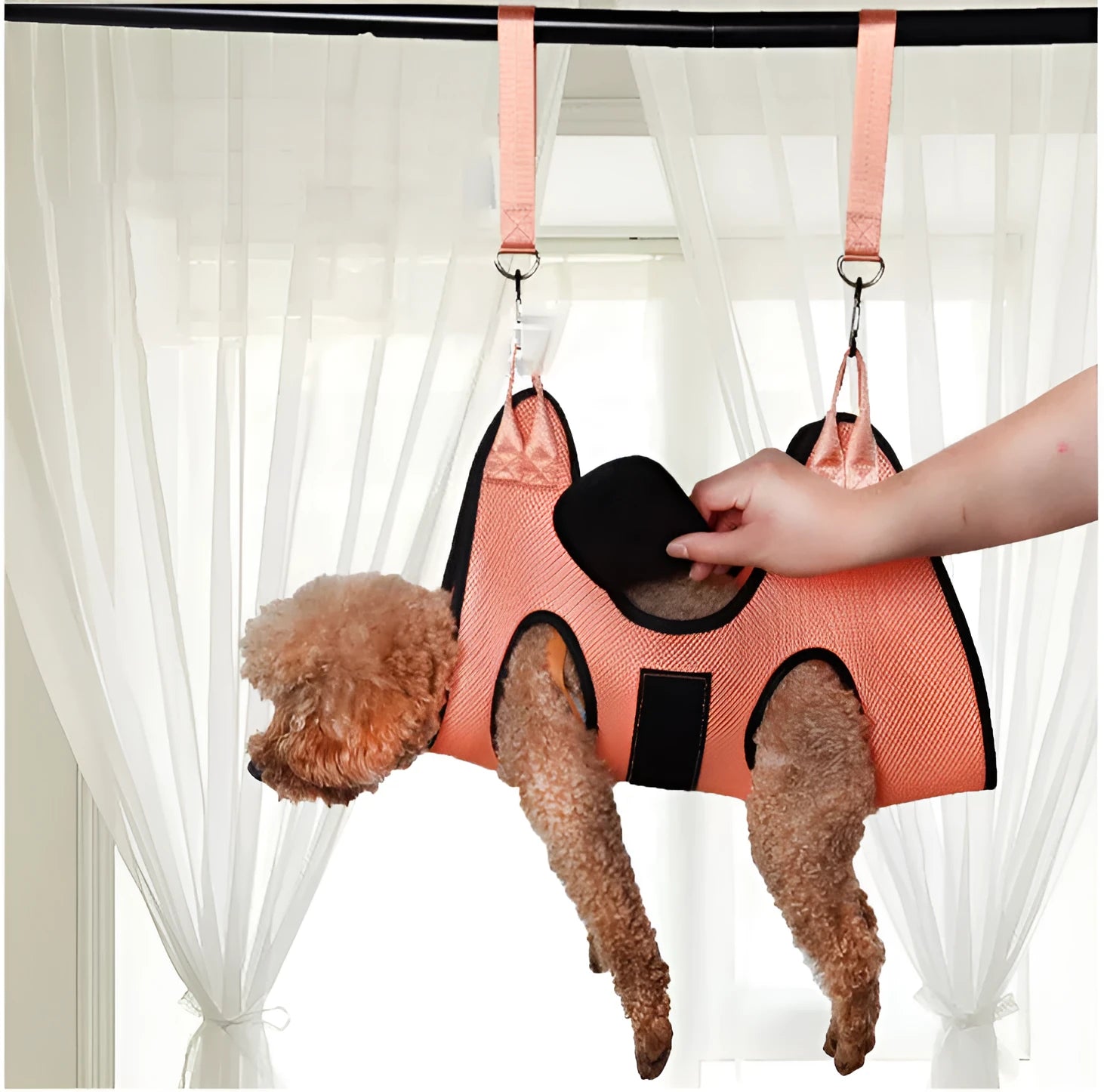 Pet grooming restraint hammock bag for cats shown in three sizes for nail clipping and bath time.