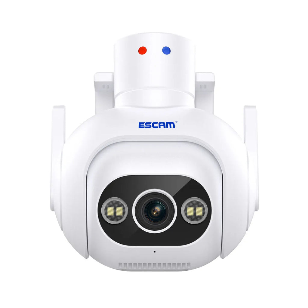 White smart security camera with 4mm lens, wall mount bracket, and IP66 rating for outdoor use.