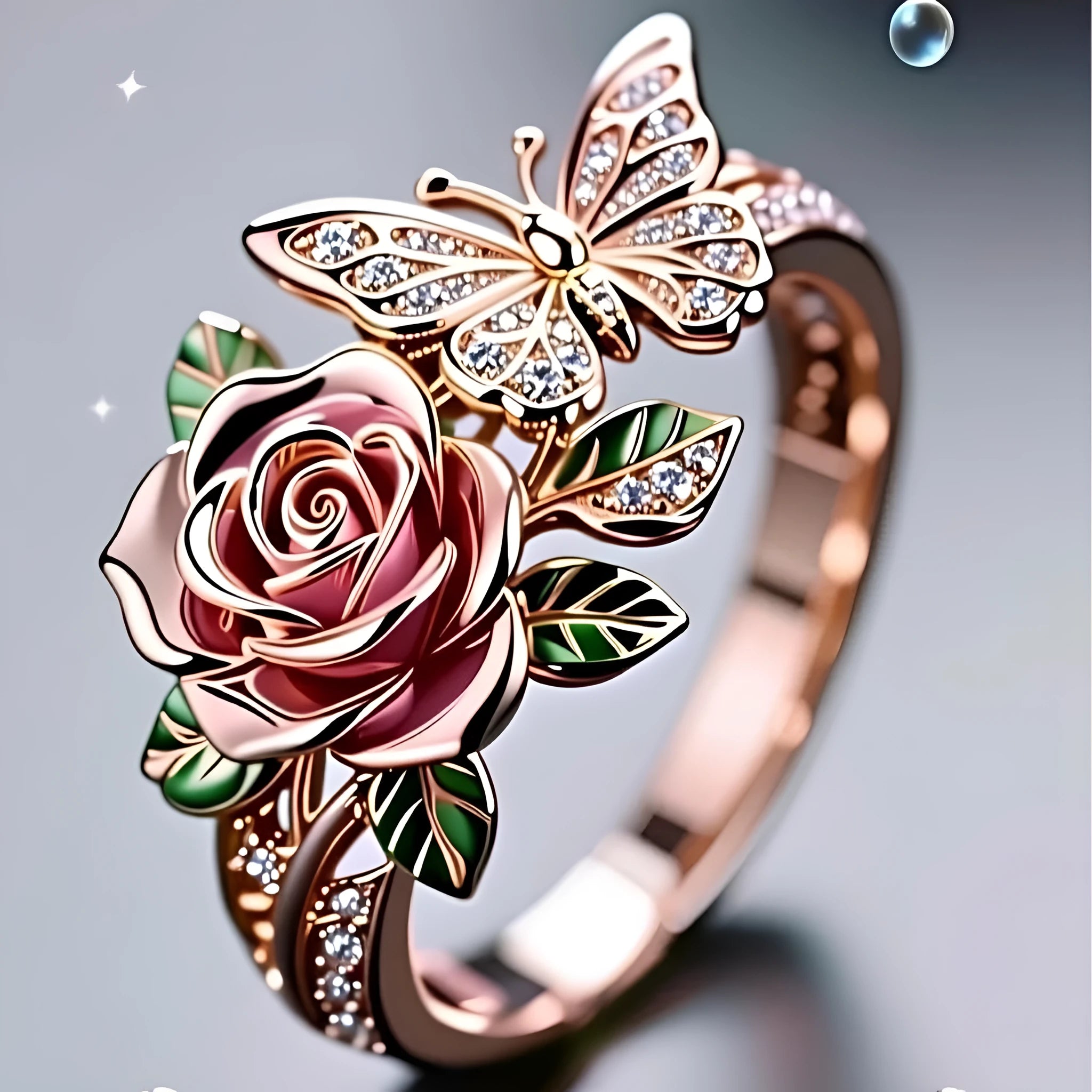 Adjustable fairy style ring with oil drip colour effect and butterfly charm