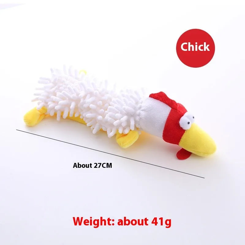 Plush microfiber molar-shaped dog chew toy in assorted animal designs including dog, duck, pig, and frog.