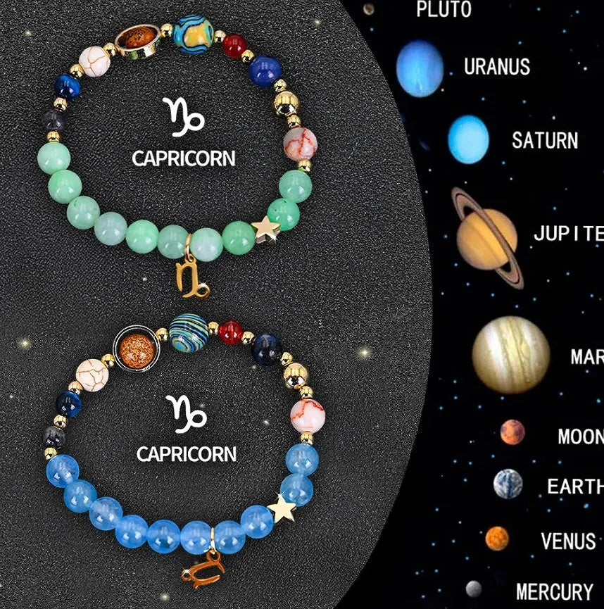 Set of twelve natural stone beaded bracelets for each zodiac sign on a flat surface.