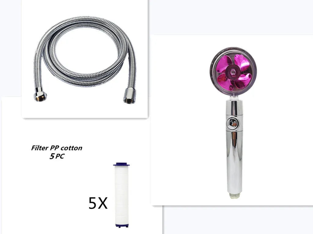 Blue handheld shower head with stop button and turbo nozzle on a chrome bracket.