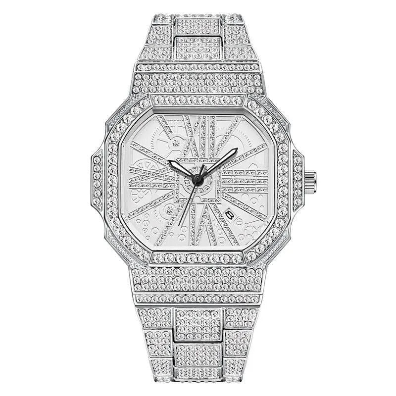 Full diamond square water diamond watch with alloy band and 46mm dial in gold finish