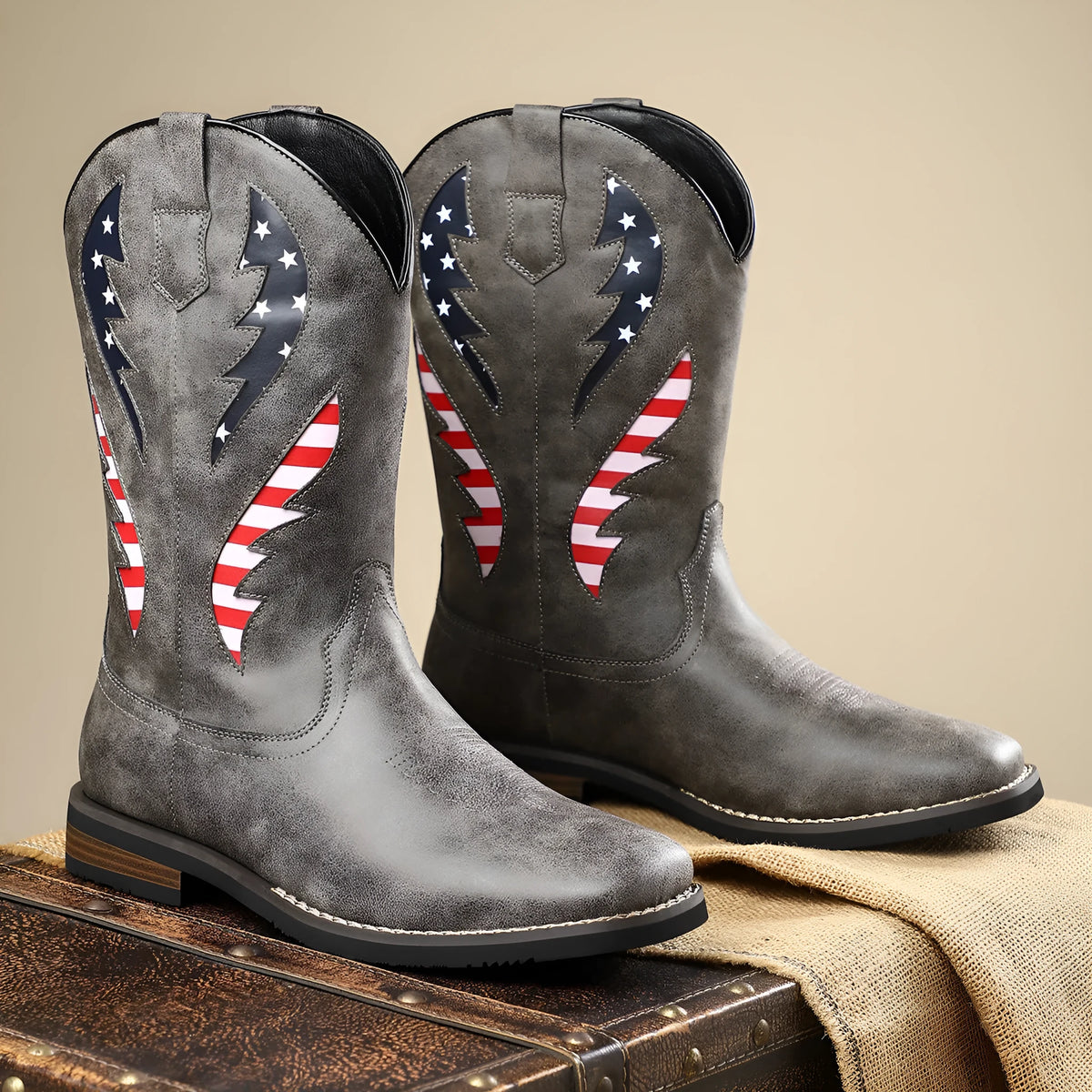 Men's thick-heel leather patchwork boots in black, brown, gray, and khaki, slip-on style with block heel