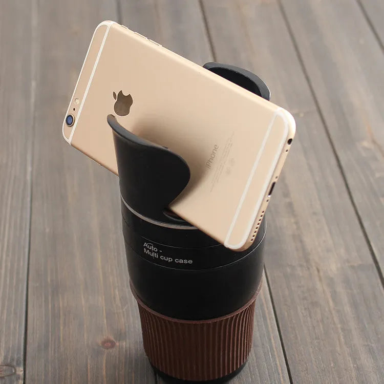 Car cup holder and phone mount bracket in black, brown, green, pink, and sky blue colours