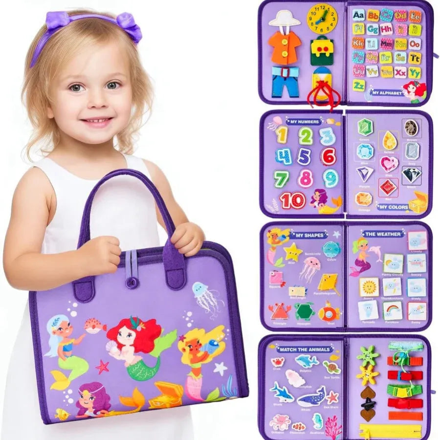 Soft felt busy board for toddlers with dressing and buttoning activities, foldable design, colourful style