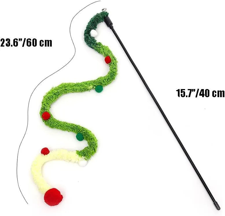 Colourful cat wand toy with long plush strip, fluffy ball, and bells on 41cm pole