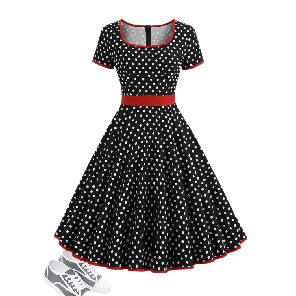 Multicolour polka dot dress with a square neckline, short sleeves, and a full pleated skirt with a back zip.