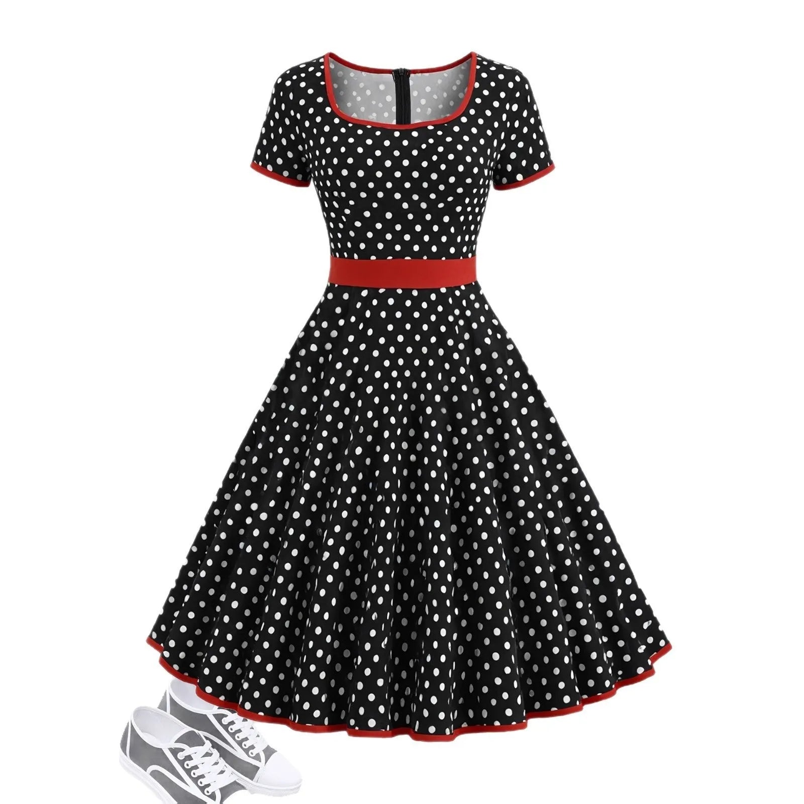 Multicolour polka dot dress with a square neckline, short sleeves, and a full pleated skirt with a back zip.