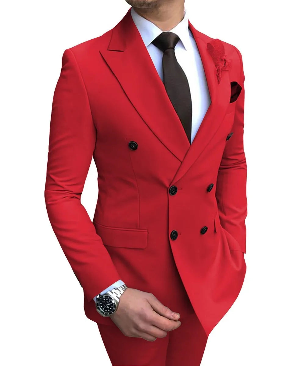 Double breasted slim-fit cotton wedding groomsman suit in black with flat lapel collar and back vent
