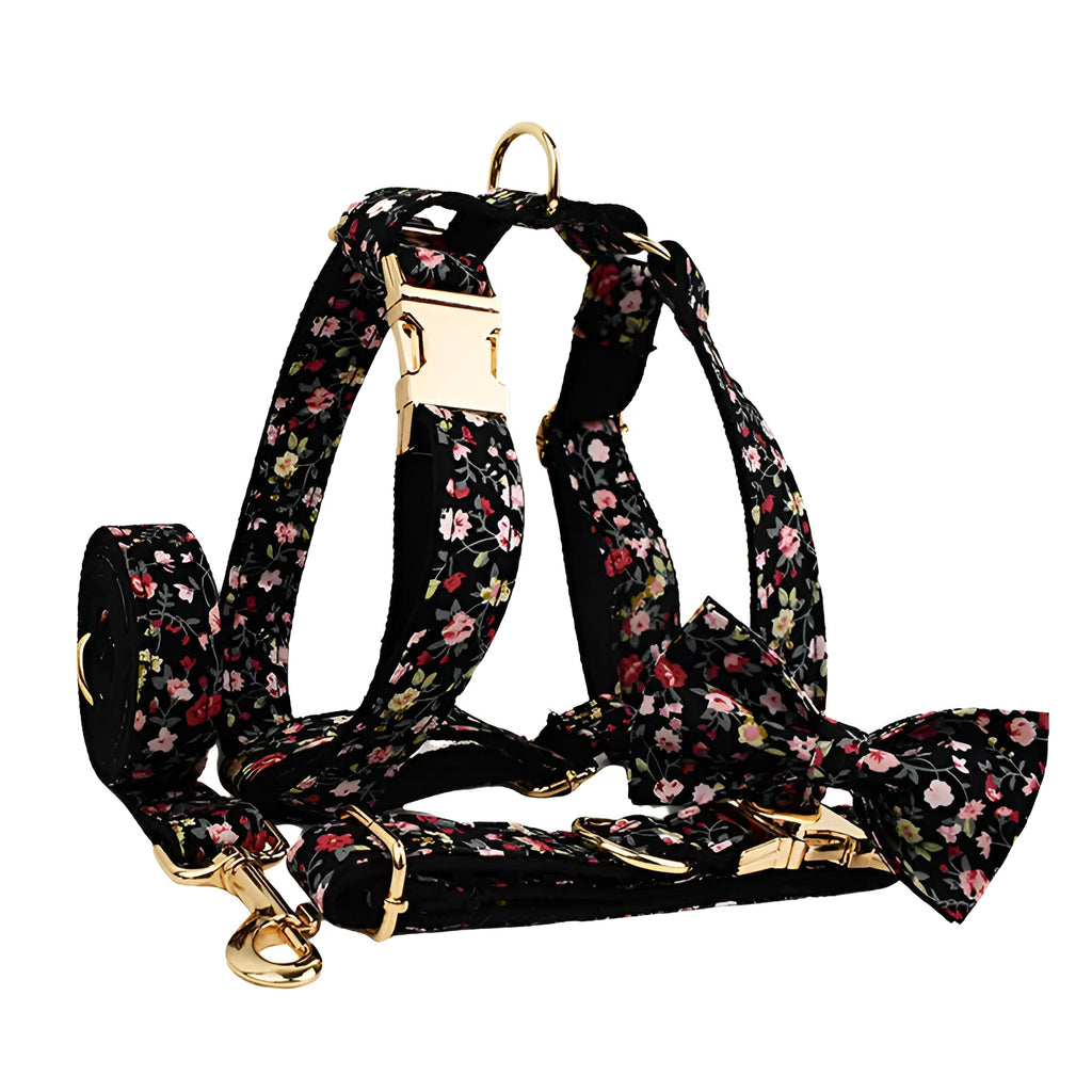 Cloth dog collar set with removable bow, matching leash and vest in four-piece configuration