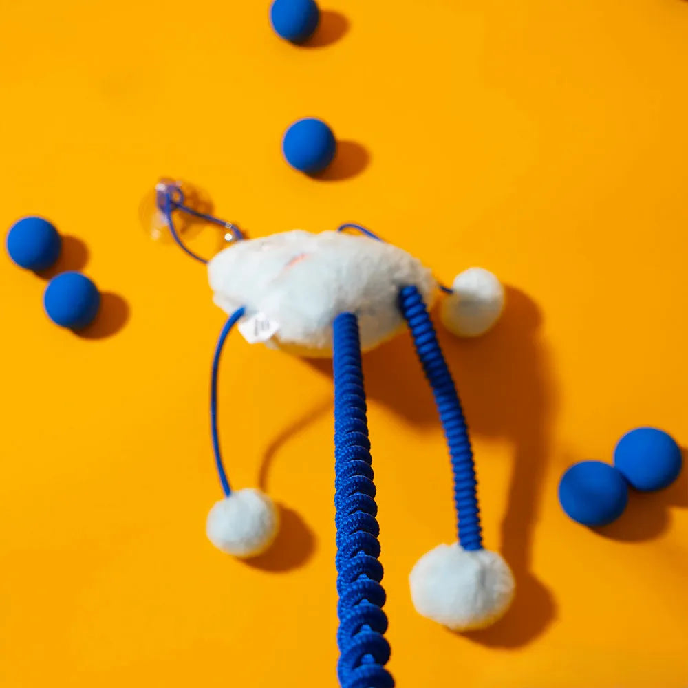 Blue plush cat toy ring on telescopic pole with mint bell, 30cm diameter