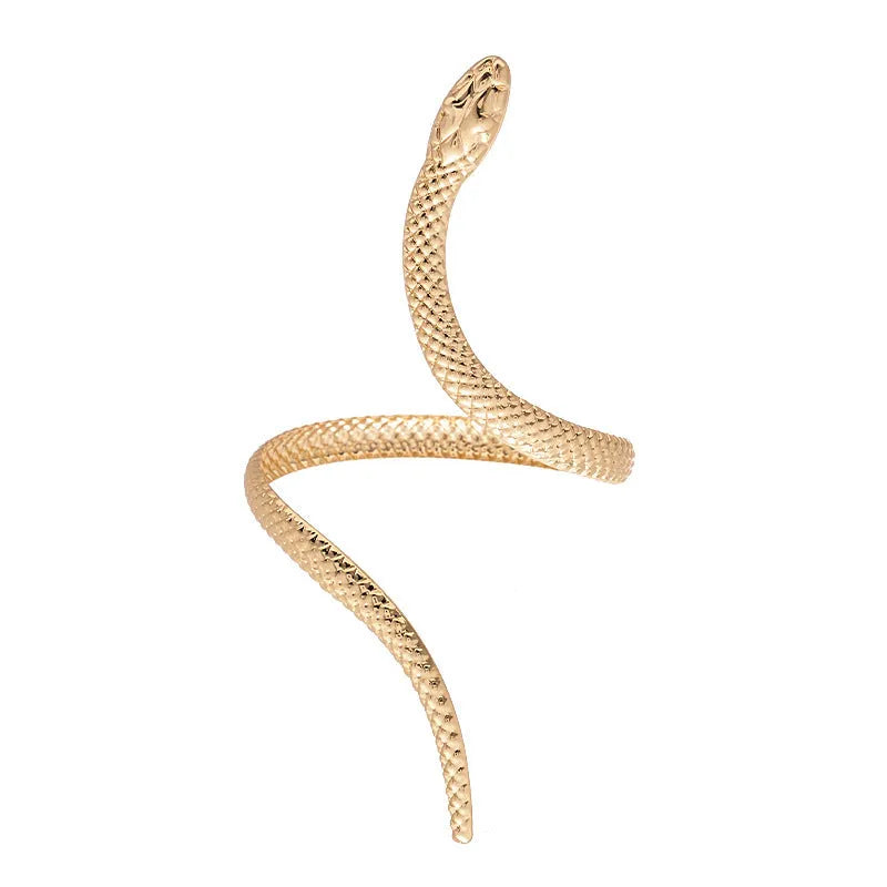 Gold metal snake-inspired ring and bracelet set with exaggerated twisted winding design