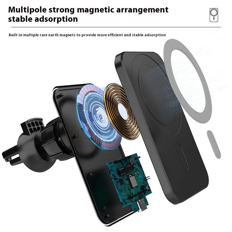 Magnetic car wireless charger holder clipped to a car vent, black X-16 finish, holding a smartphone for hands-free charging and driving.