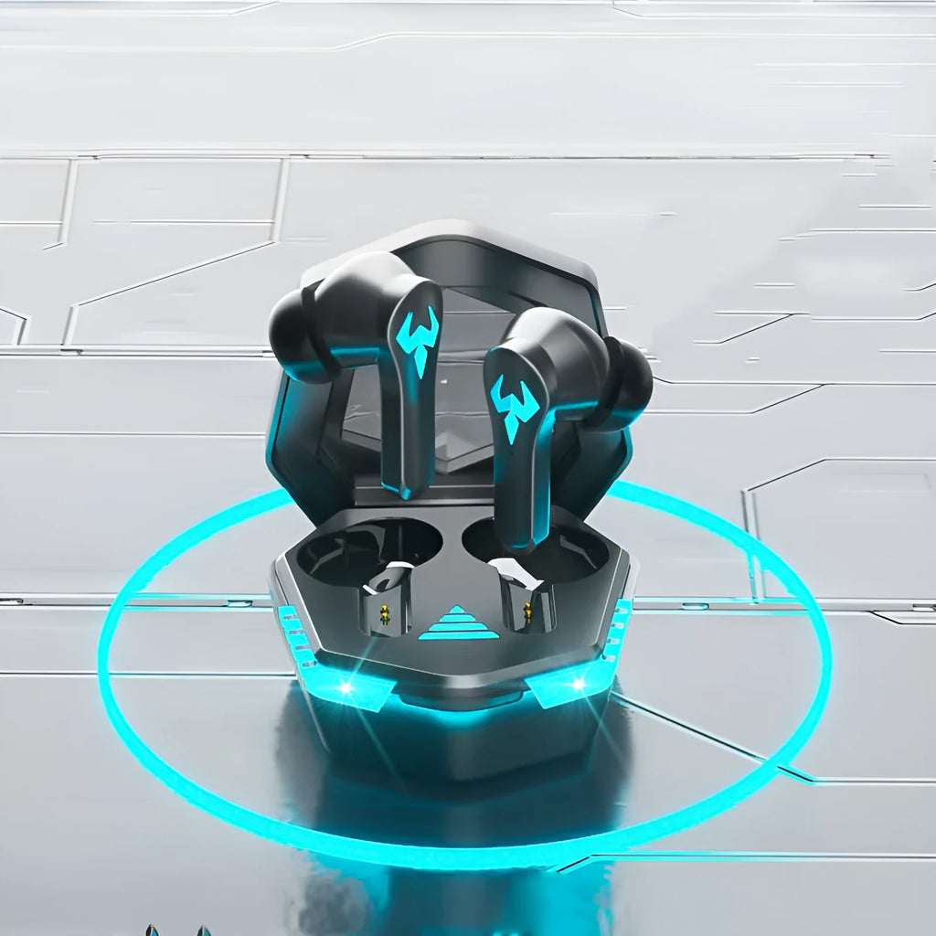 Black wireless in-ear sports gaming headset with Bluetooth 5.0 and noise cancellation.