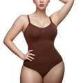 Plus size seamless nylon body shaping jumpsuit with adjustable straps in skin colour, front view