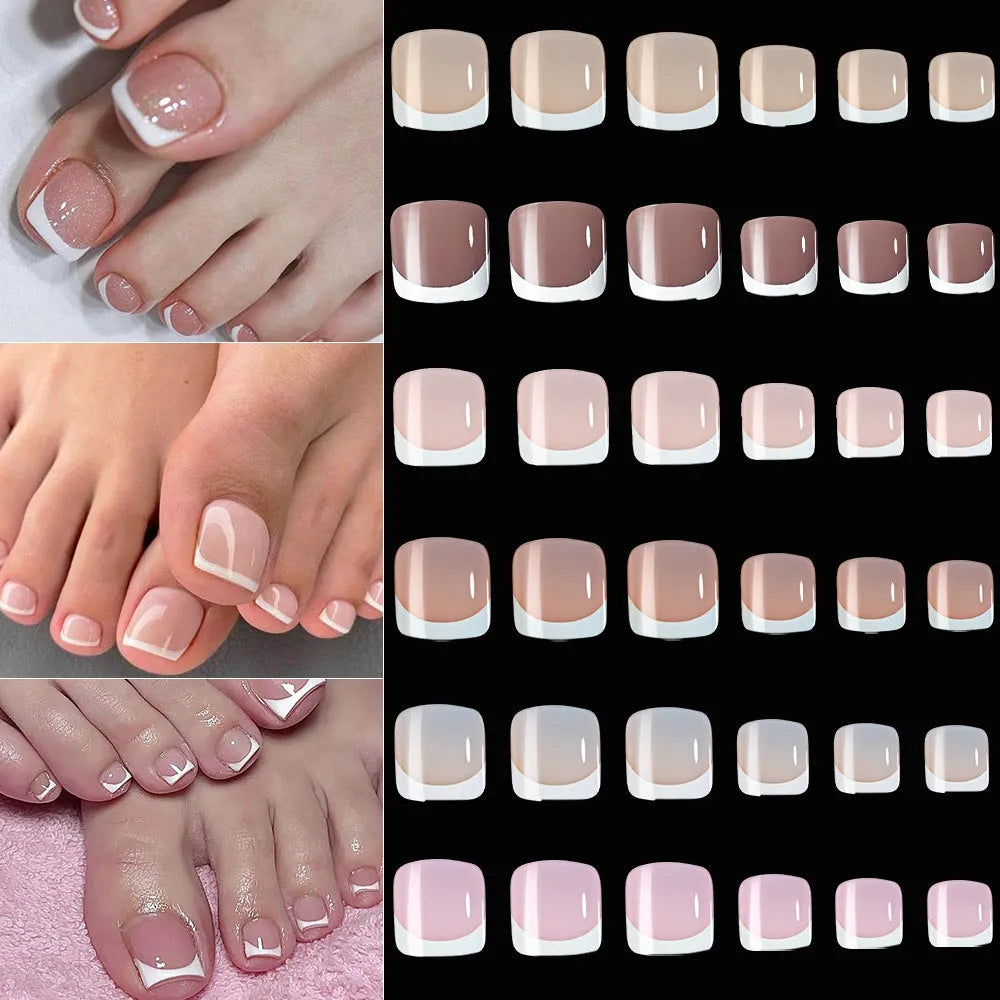 120 piece boxed set of full square short artificial toenails with French white edge design on nude base