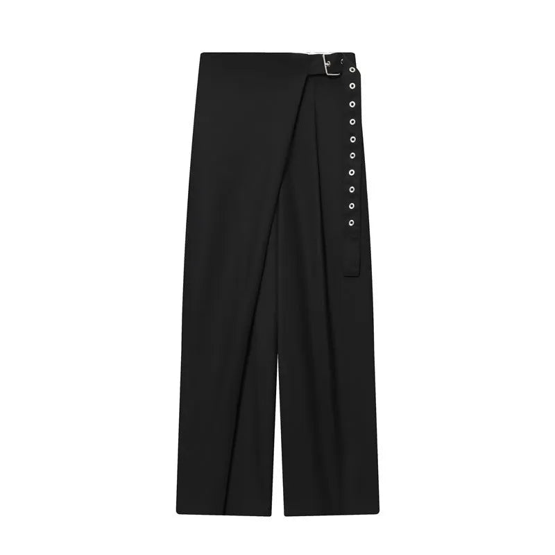 Wool blend wrap design trousers for women black mid waist straight leg inelastic fabric