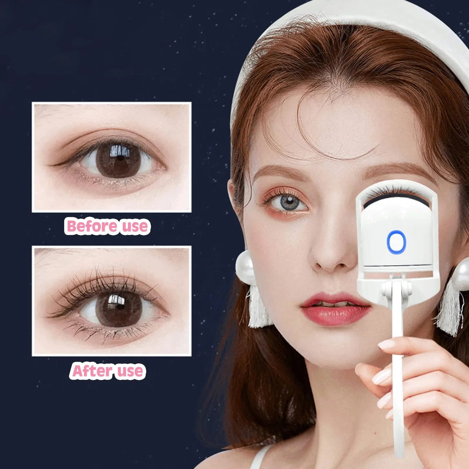 White USB rechargeable heated eyelash curler with a curved design and a small LED light.