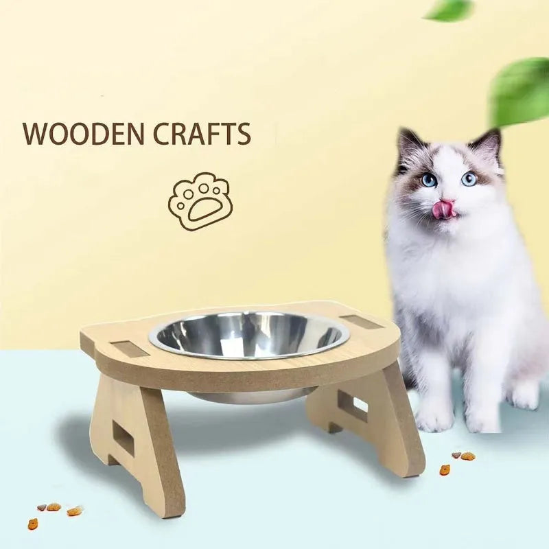 Wooden cat bowl feeder with two stainless steel inserts for food and water