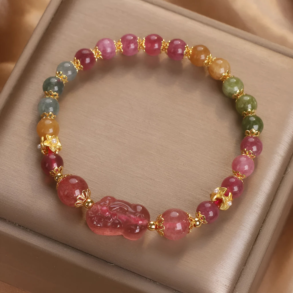 Women's pink and red strawberry quartz tourmaline Pi Xiu bracelet with electroplated finish