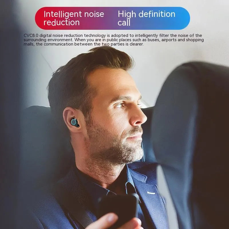 Black wireless Bluetooth earbuds with charging box, 120-hour battery, and power display