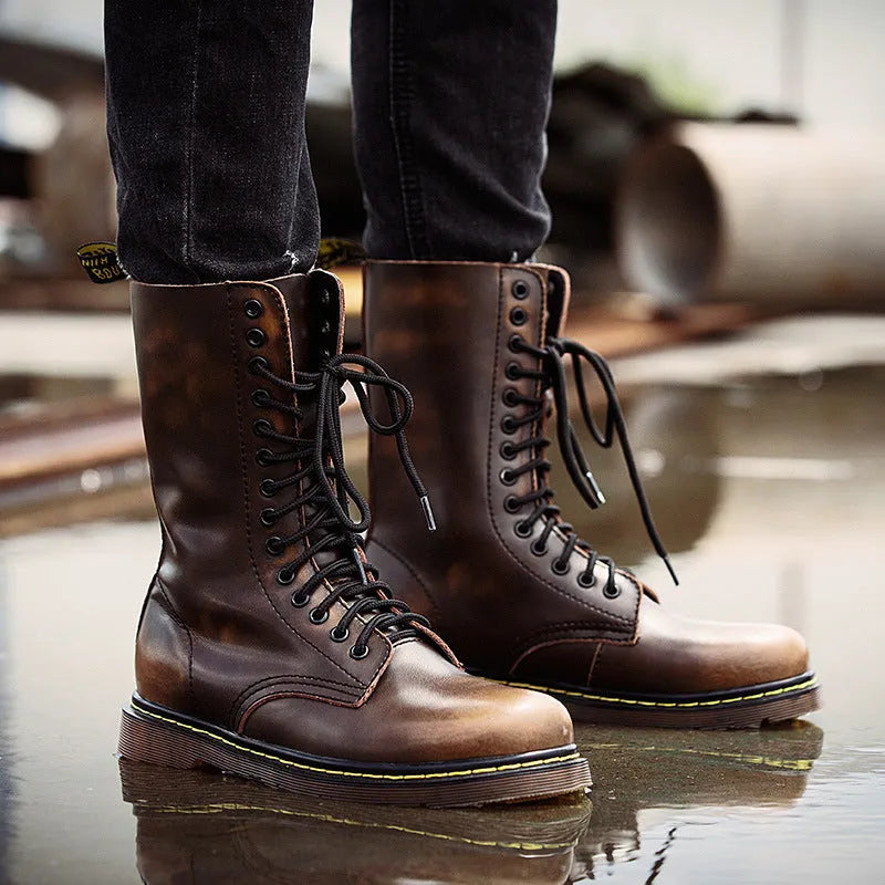 Men's black leather cotton lace-up shoes with high cylinder socks and round toe