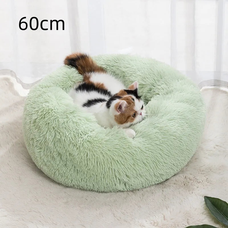 Round cloth cat bed in winter warm design, available in 30cm to 100cm diameters and six colours.