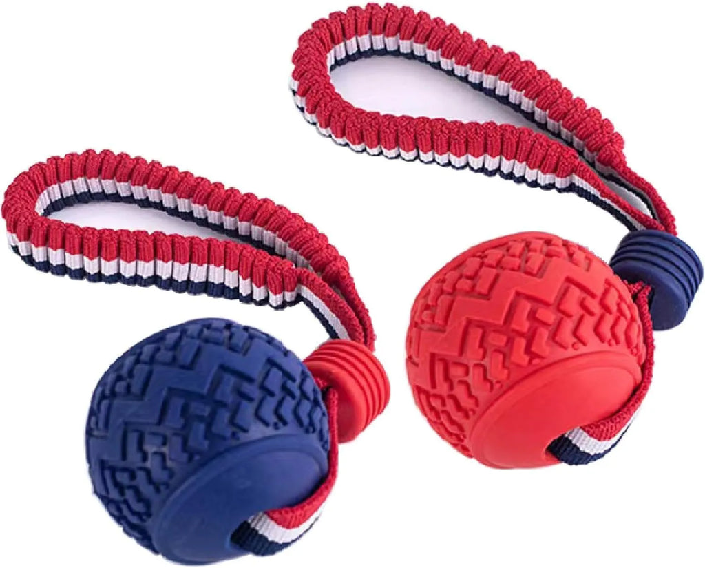 Blue rubber dog ball attached to a rope, a tug and fetch toy for small dogs.