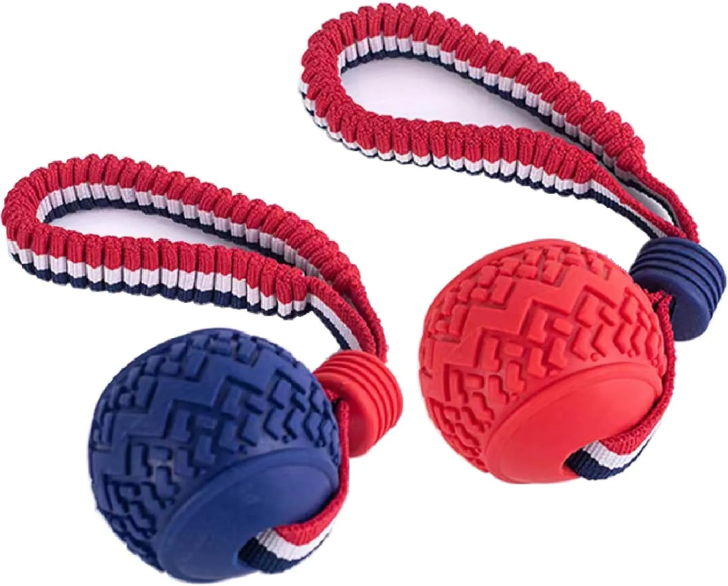 Blue rubber dog ball attached to a rope, a tug and fetch toy for small dogs.