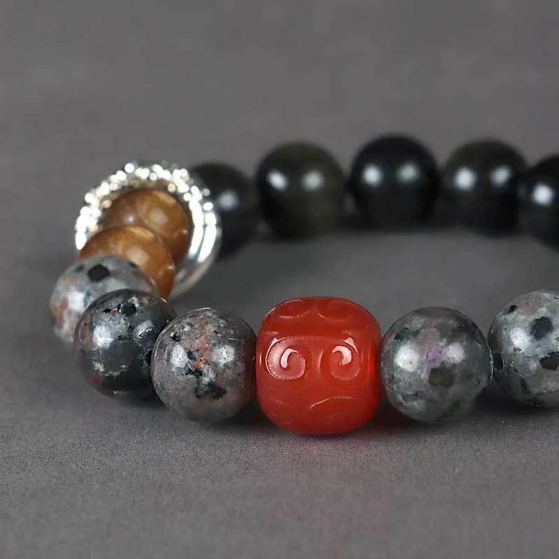 Gold obsidian flame stone red agate unisex bracelet with original design