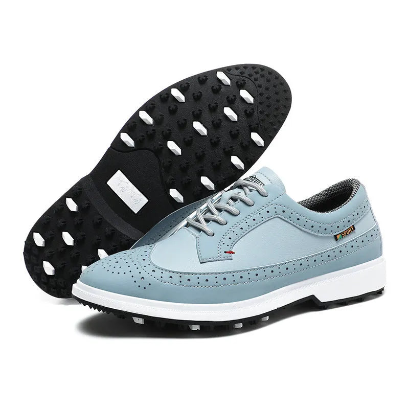 Men's lake blue and white genuine leather golf shoes with non-slip rubber outsoles