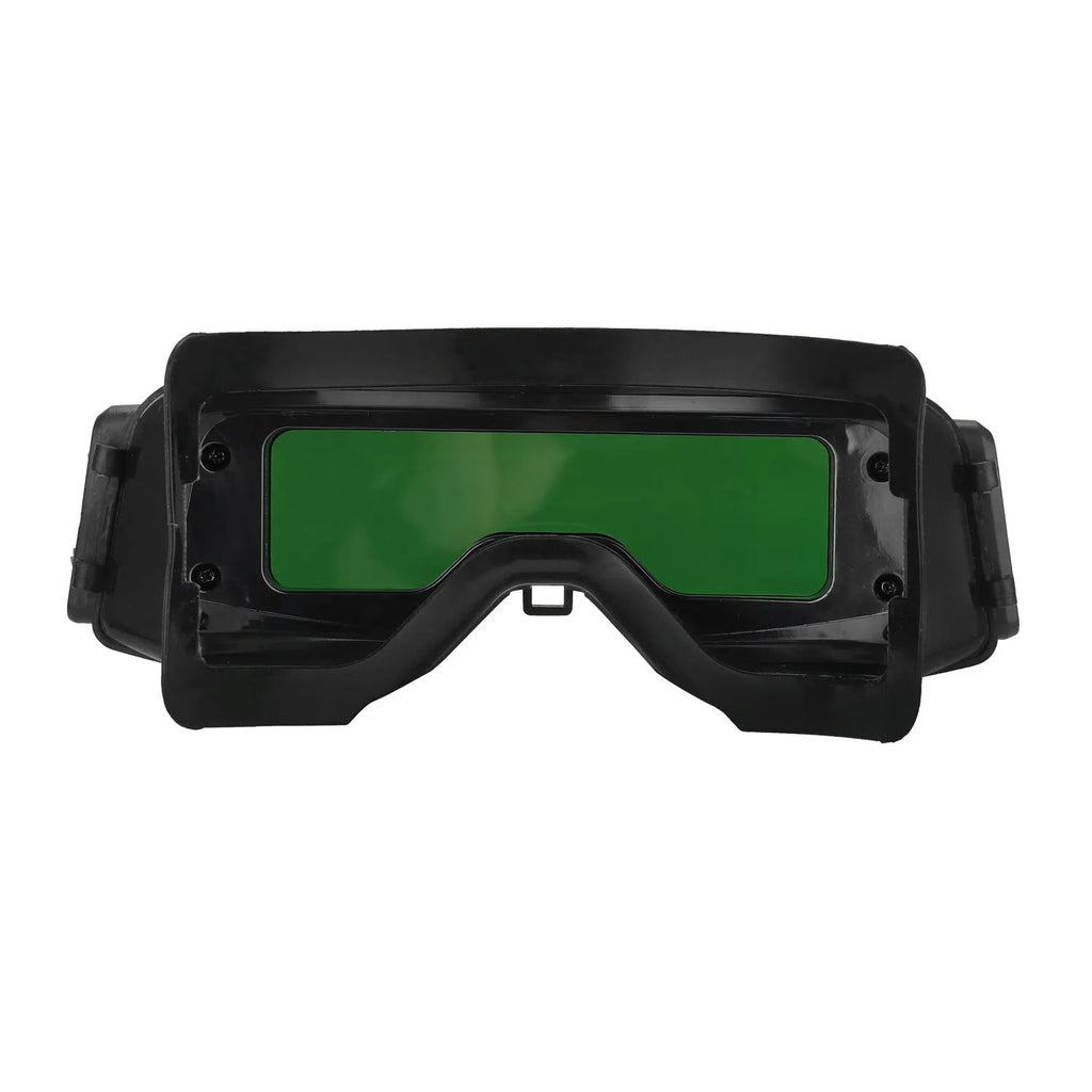 Black automatic darkening welding mask and glasses with a large rectangular viewing lens.