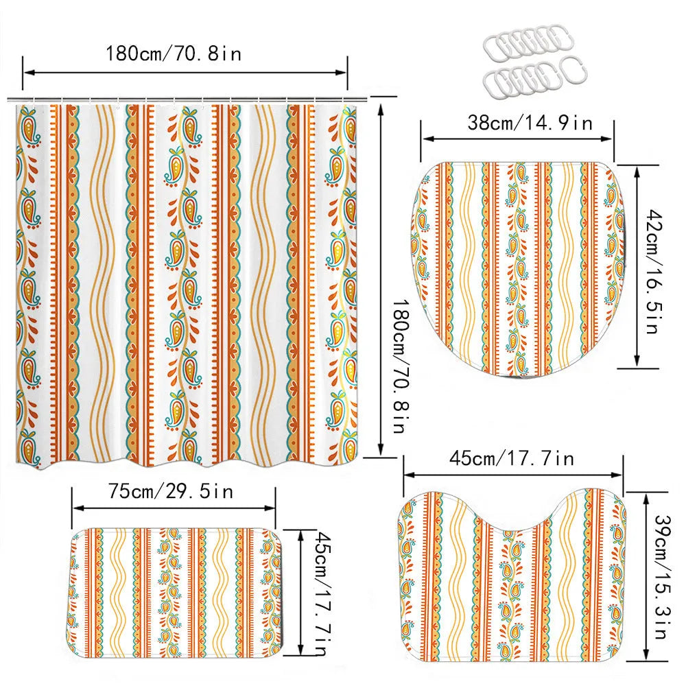 Printed polyester shower curtain and anti-slip mat set in 25 colours, with sizes from 90cm x 180cm to 180cm x 200cm